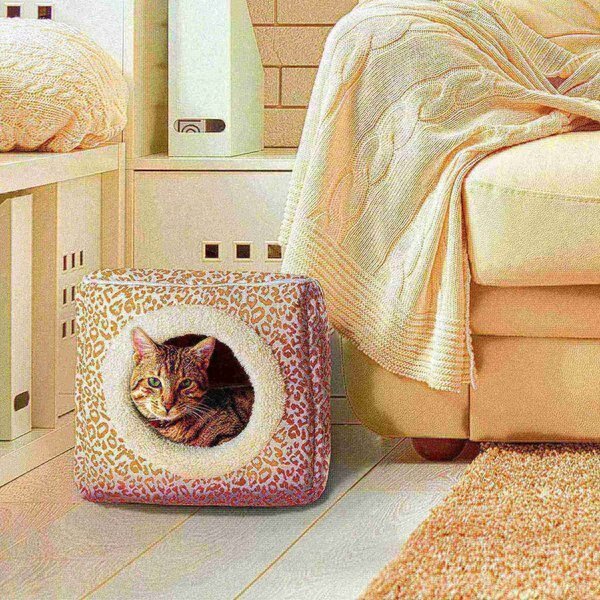 Indoor Cat Pet Bed Cave with Removable Cushion Pad for Cats/Small Animals | Tan/White Animal Print, Pet Adobe, Mfr#: 728420YHZ